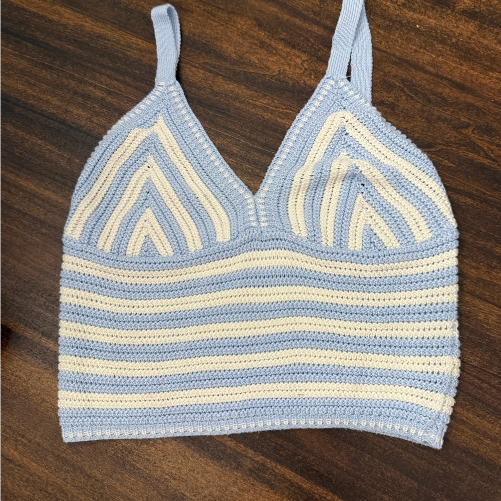 No Comment Blue and Cream Striped Crochet Top